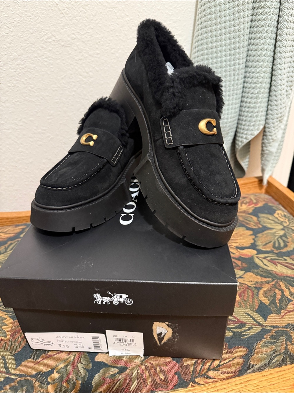 Coach Black Suede Shearling-Trim Lug Loafers